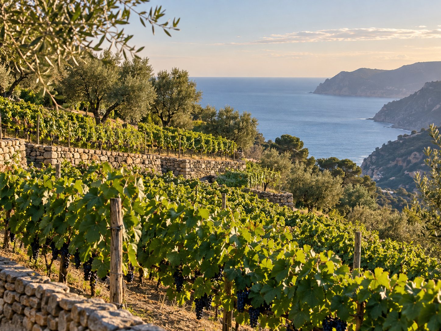 Editorial illustration (AI-generated) of a Mediterranean coastal vineyard; not a photograph of La Portofinese
