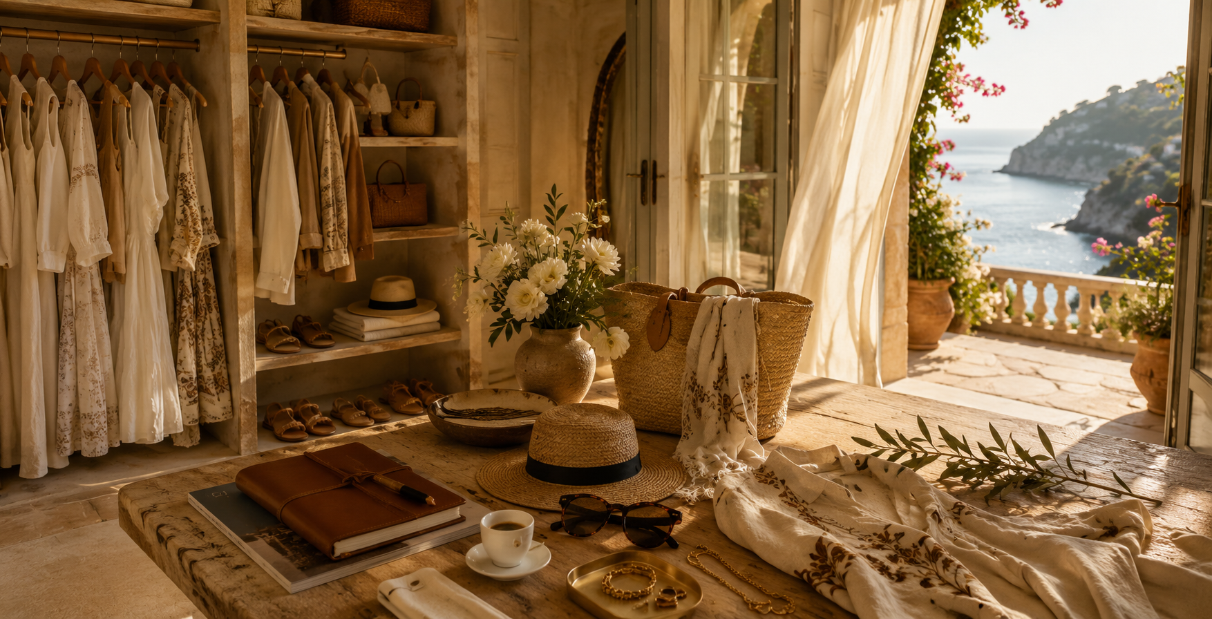 Mediterranean dressing room — curated resort wardrobe, raffia, and quiet luxury overlooking the sea