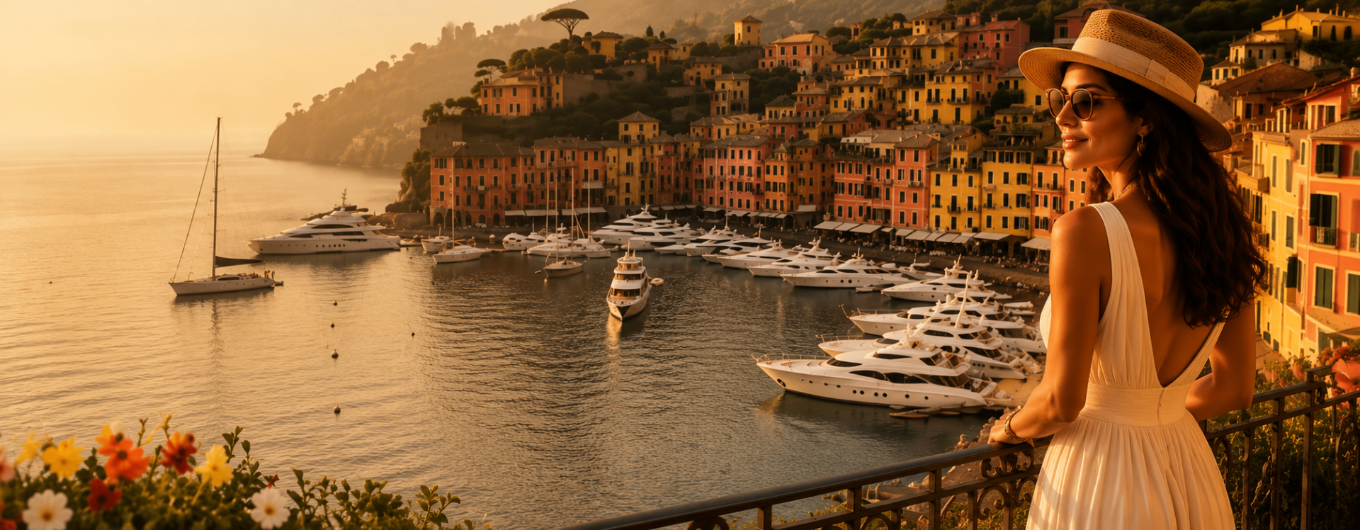 Golden-hour view overlooking Portofino harbor with a woman in a white dress and straw hat enjoying the Italian Riviera.